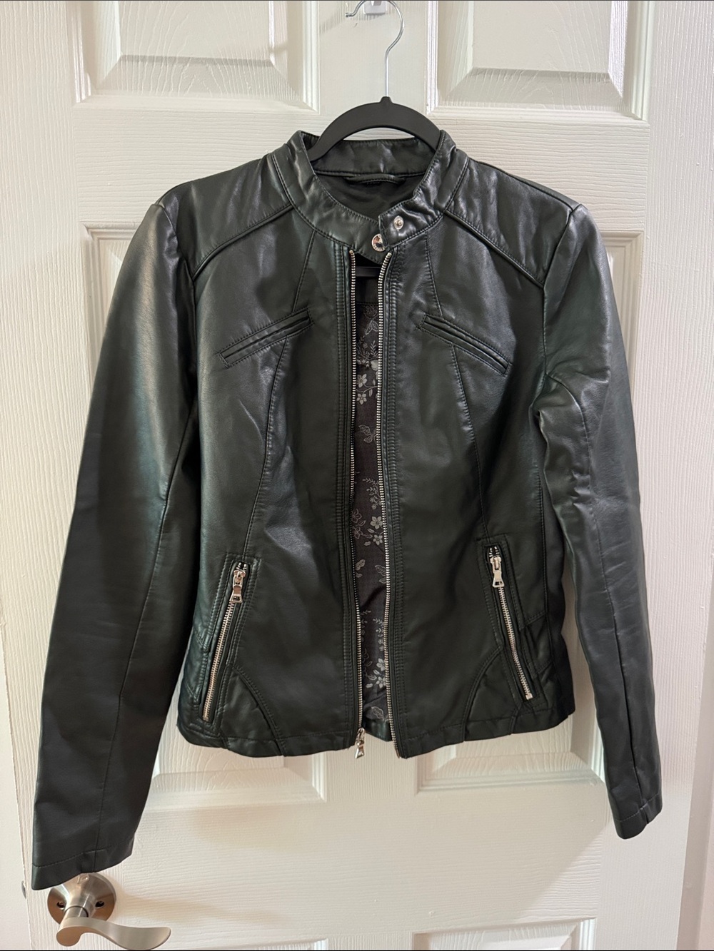 GUESS Women’s Dark Green Faux Leather Moto Jacket